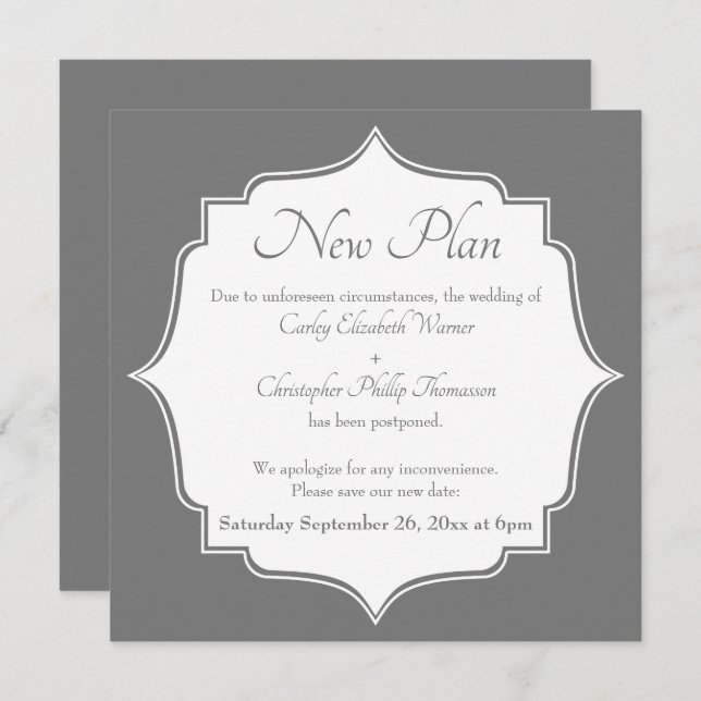 Invitation Gris blanc Nouveau Date reportée Mariage Faire-par (Devant / Derrière)