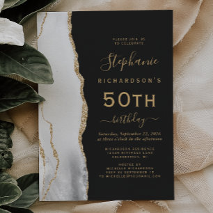 Invitation Gris Blanc Or Agate foncé 50e anniversaire fête