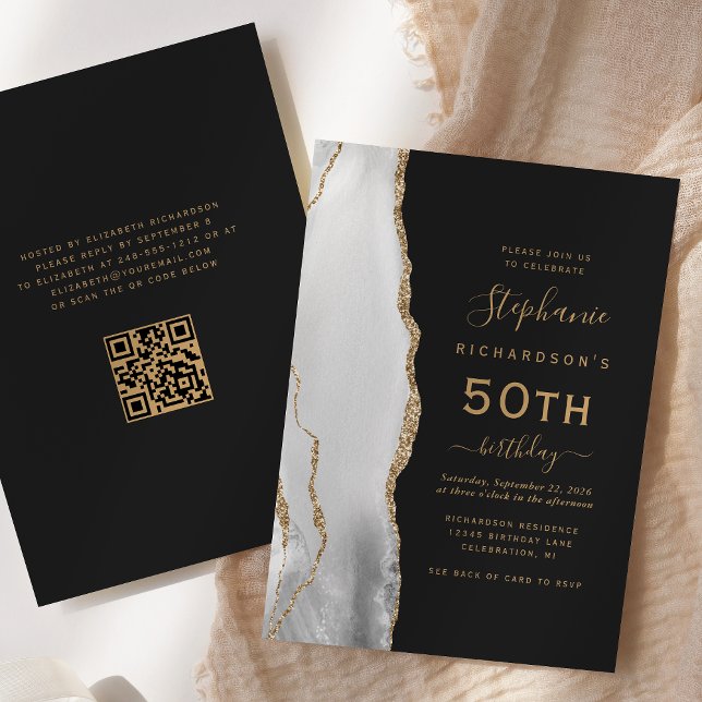 Invitation Gris Blanc Or Agate QR Code 50e anniversaire (Créateur téléchargé)