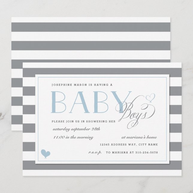 Invitation Gris & Blanc Stripe Twins Baby Boy Douche Bleu (Devant / Derrière)