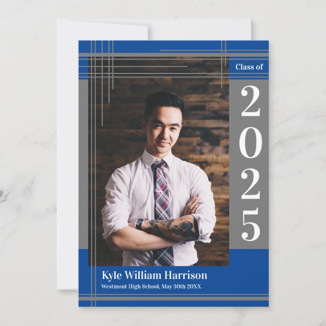 Invitation Gris Bleu École Couleur Graduation Photo Plaid (Devant)