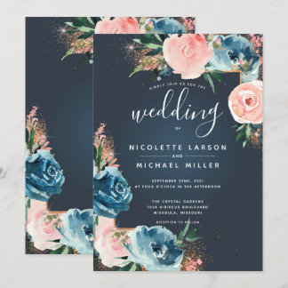 Invitation Gris, bleu marine et bleu floral Parties scintilla