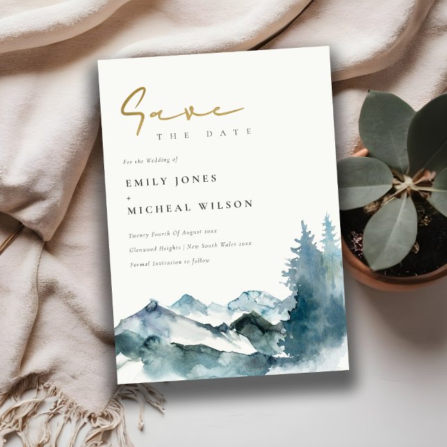 Invitation Gris Blush Blue Mountains Pine Enregistrer La Date (Créateur téléchargé)