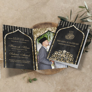 Invitation Gris Charbon Or Vintage Arc Islamique Mariage