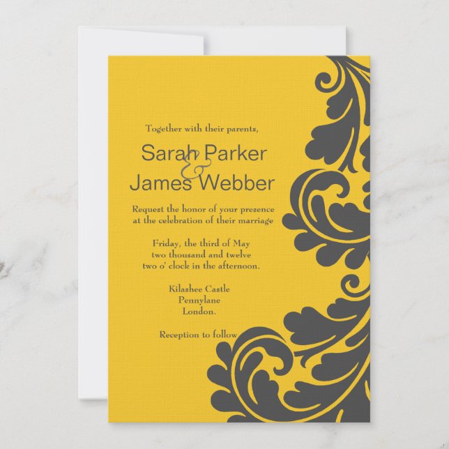 Invitation Gris d'ardoise de damassé et mariage jaune vibrant (Devant)