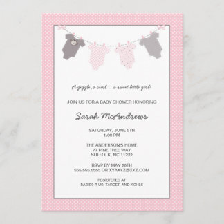 Invitation Gris de baby shower de corde à linge de