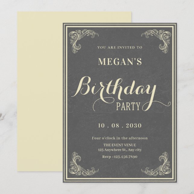 Invitation Gris élégant vintage anniversaire  (Devant / Derrière)