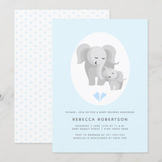 Invitation Gris éléphant mère et bébé garçon douche bleu clai