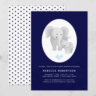 Invitation Gris éléphant mère et bébé garçon douche marine bl