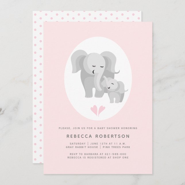 Invitation Gris éléphant mère et bébé garçon douche rose (Devant / Derrière)