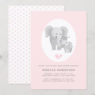Invitation Gris éléphant mère et bébé garçon douche rose
