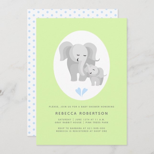 Invitation Gris éléphant mère et bébé garçon douche vert clai (Devant / Derrière)