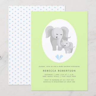Invitation Gris éléphant mère et bébé garçon douche vert clai