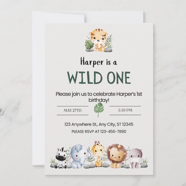 Invitation Gris esthétique Zoo Animaux Fête d'anniversaire (Devant)