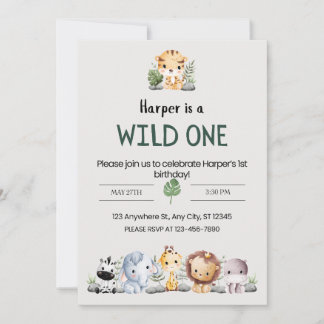 Invitation Gris esthétique Zoo Animaux Fête d'anniversaire