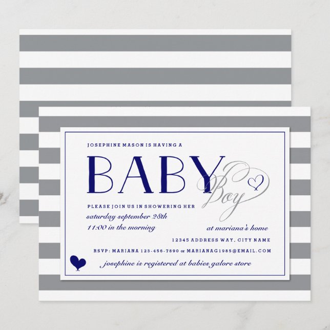 Invitation Gris et blanc Gris Bébé Garçon Marine Baby shower  (Devant / Derrière)