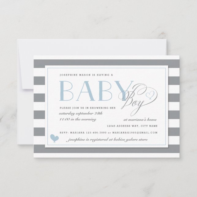 Invitation Gris et blanc Gris Bleu clair Baby shower Garçons (Devant)