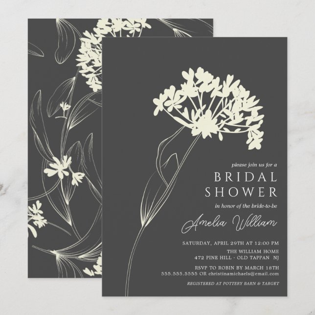 Invitation Gris et crème Fête des mariées Florale moderne (Devant / Derrière)