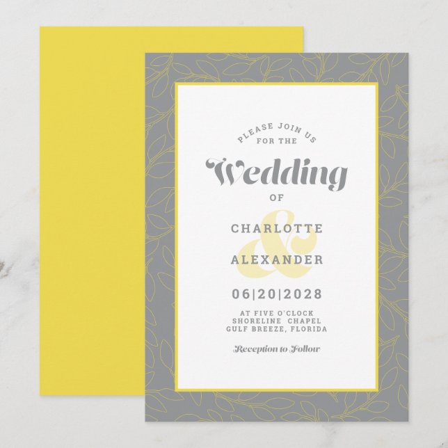 Invitation Gris et jaune | Motif Feuille Abstrait moderne (Devant / Derrière)