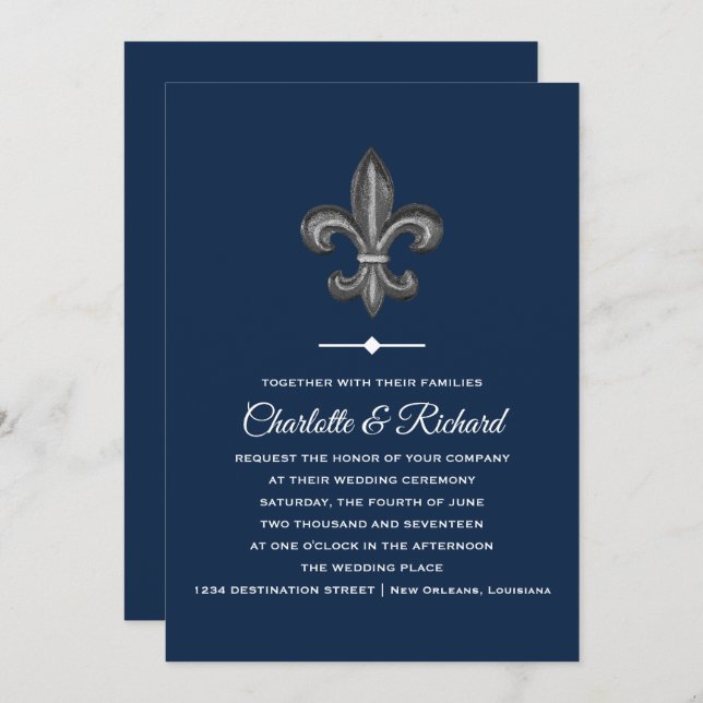 Invitation Gris et marine French Fleur De Lis Wedding de Nola (Devant / Derrière)
