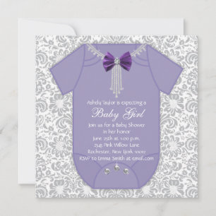 Invitation Gris et pourpre Damask bébé fille douche