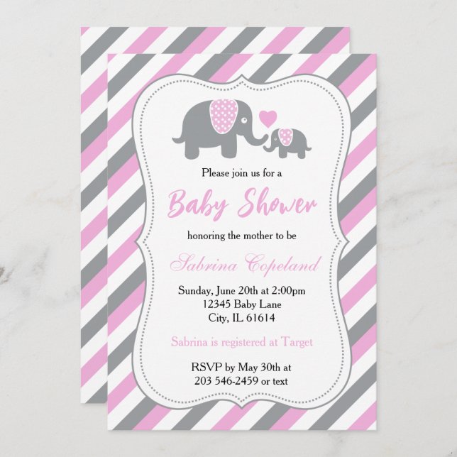 Invitation Gris et rose Bébé Eléphant | BABY SHOWER (Devant / Derrière)