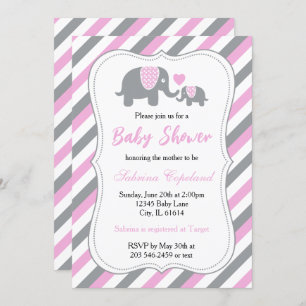 Invitation Gris et rose Bébé Eléphant BABY SHOWER