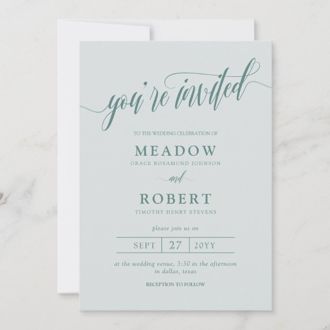 Invitation Gris et typographie Turquoise Informel 2 en 1 Mari (Devant)
