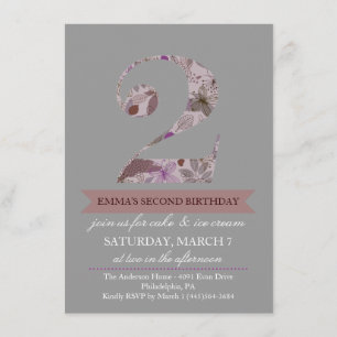 Invitation Gris et violet Floral Deux Anniversaires Invitatio
