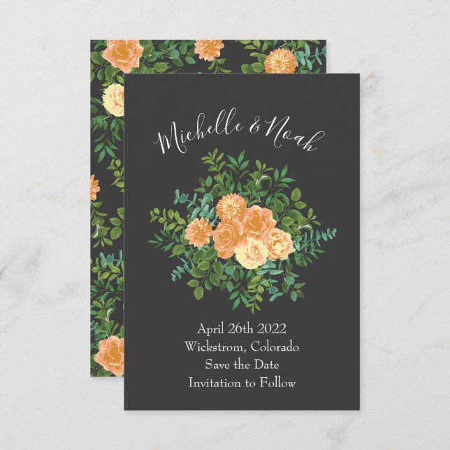 Invitation Gris foncé Pêche Mariage Floral moderne (Devant / Derrière)