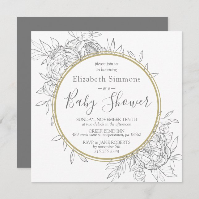 Invitation Gris & Gold Peony Moderne Baby shower en toile flo (Devant / Derrière)