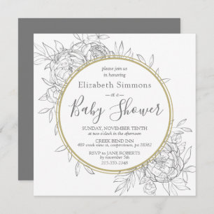 Invitation Gris & Gold Peony Moderne Baby shower en toile flo