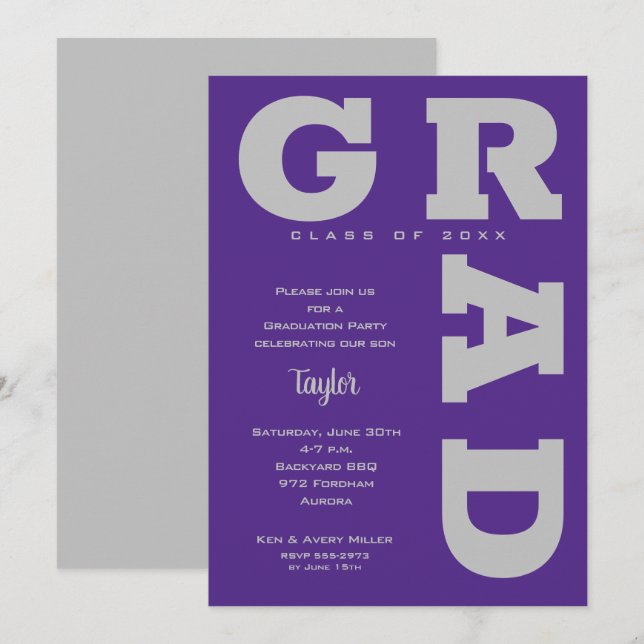 Invitation Gris GRAD Gras sur Dégradé Violet pour la Remise d (Devant / Derrière)