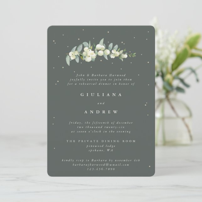 Invitation Gris Green Snowberry+Eucalyptus Mariage répétition (Debout devant)