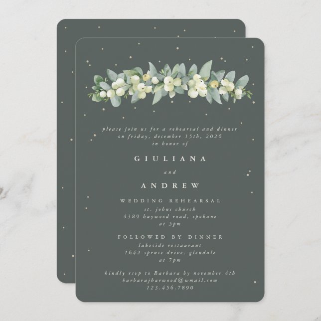 Invitation Gris Green Snowberry+Eucalyptus Mariage répétition (Devant / Derrière)