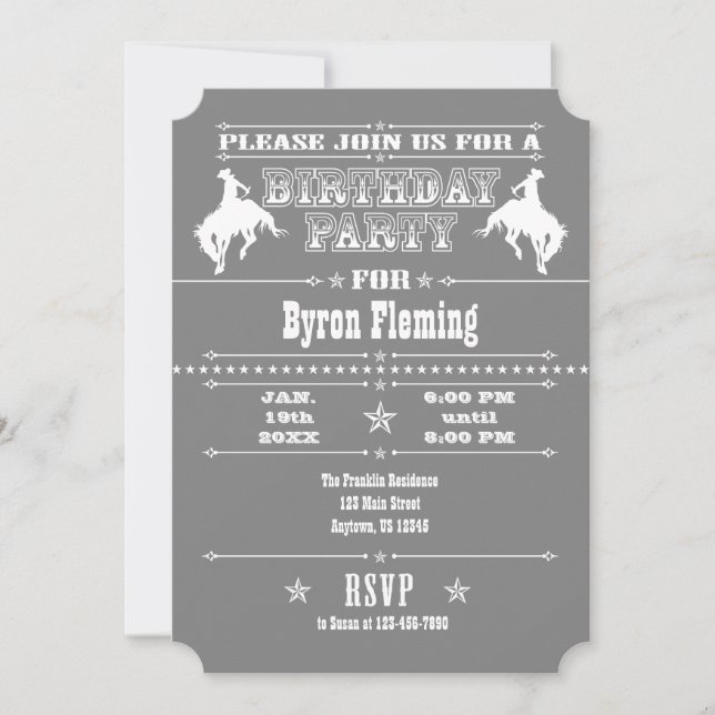 Invitation Gris Grey Cowboy Rodéo Anniversaire Fête Invitatio (Devant)