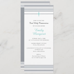 Invitation Gris Gris Croix Turquoise Première communion saint