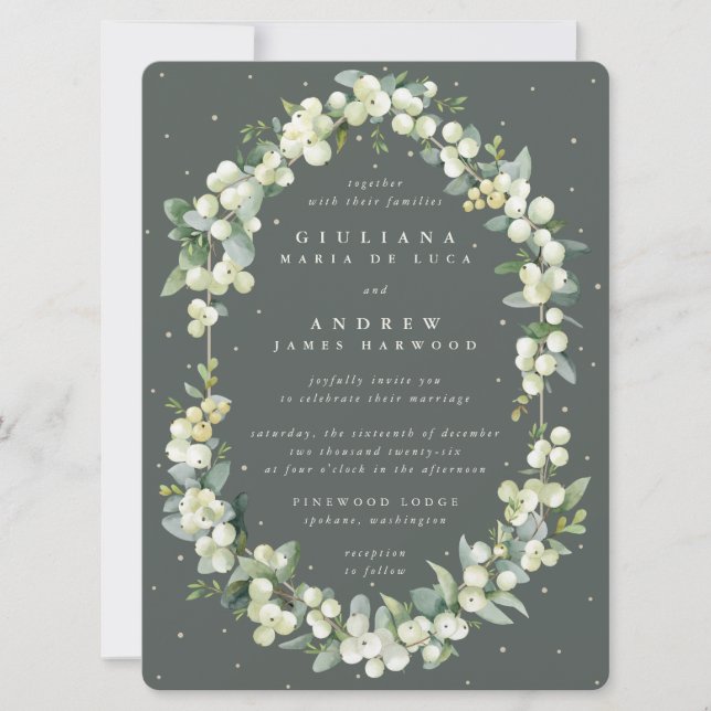 Invitation Gris Gris Vert Snowberry + Eucalyptus Mariage (Devant)