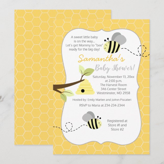 Invitation gris jaune genre neutre Bumble Bee (Devant / Derrière)