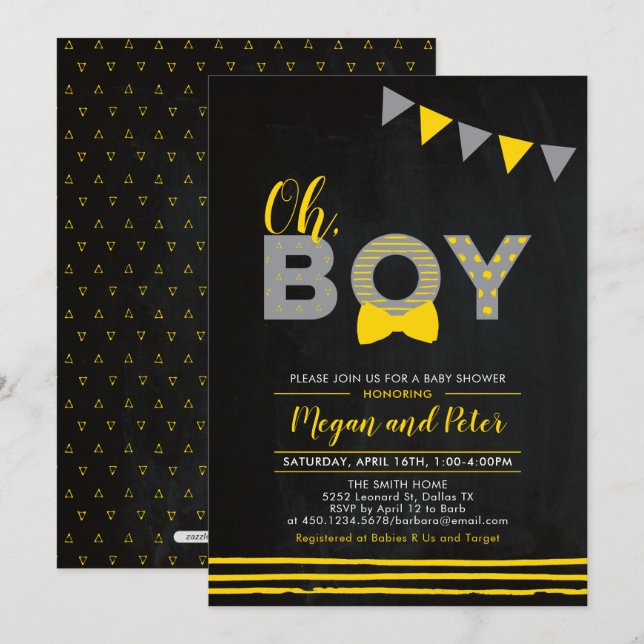 Invitation Gris & Jaune | Tableau "Oh Boy" Baby Shower (Devant / Derrière)