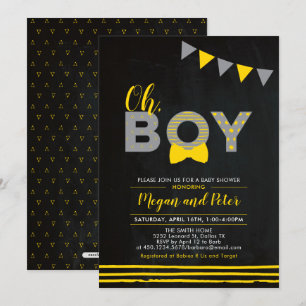 Invitation Gris & Jaune   Tableau "Oh Boy" Baby Shower