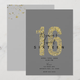 Invitation Gris minimal Gris Or Flakes 16 Parties scintillant