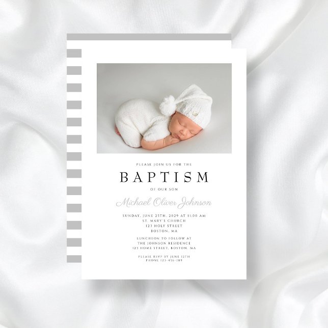 Invitation Gris Moderne Gris Gris Baptême de garçon Photo (Modern Gray Stripes Boy Baptism Photo Invitation)