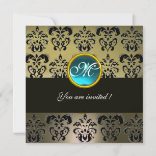 INVITATION GRIS NOIR  DAMAS MONOGRAMME, AQUAMARINE BLEU