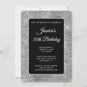 Invitation Gris Noir et Blanc Disco Paillettes 30e Anniversai