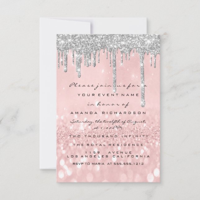 Invitation Gris Paillettes Drips Rose Argent Mariage Douce 16 (Devant)