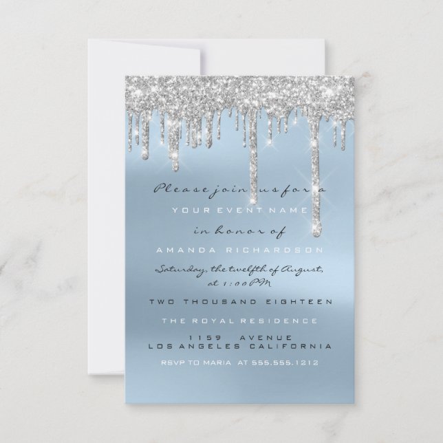 Invitation Gris Paillettes Gouttes Argent Bleu Mariage Douce  (Devant)