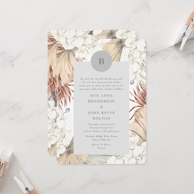 Invitation Gris Pampas Grass Grass Wreath Bordure Ultime (Devant/Arrière en situation)