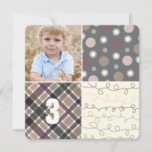 Invitation Gris Patchwork Motif Carrés Boy Photo Anniversaire