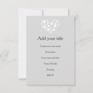 Invitation Gris romantique avec les coeurs et les oiseaux Inv